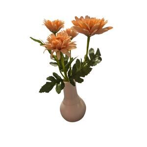 Faux Peach Chrysanthemum Silk Flowers in White Bud Vase Small Table Decor 7"